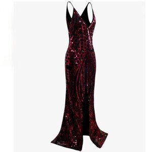 VIJIV 1920s Long Slit Prom Dresses Deep V Neck Sequin Mermaid Bridesmaid Evening